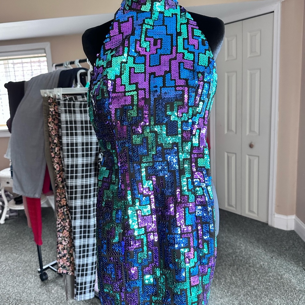 Backless Halter Sequin Dress in Iridescent Blue-Green-Purple